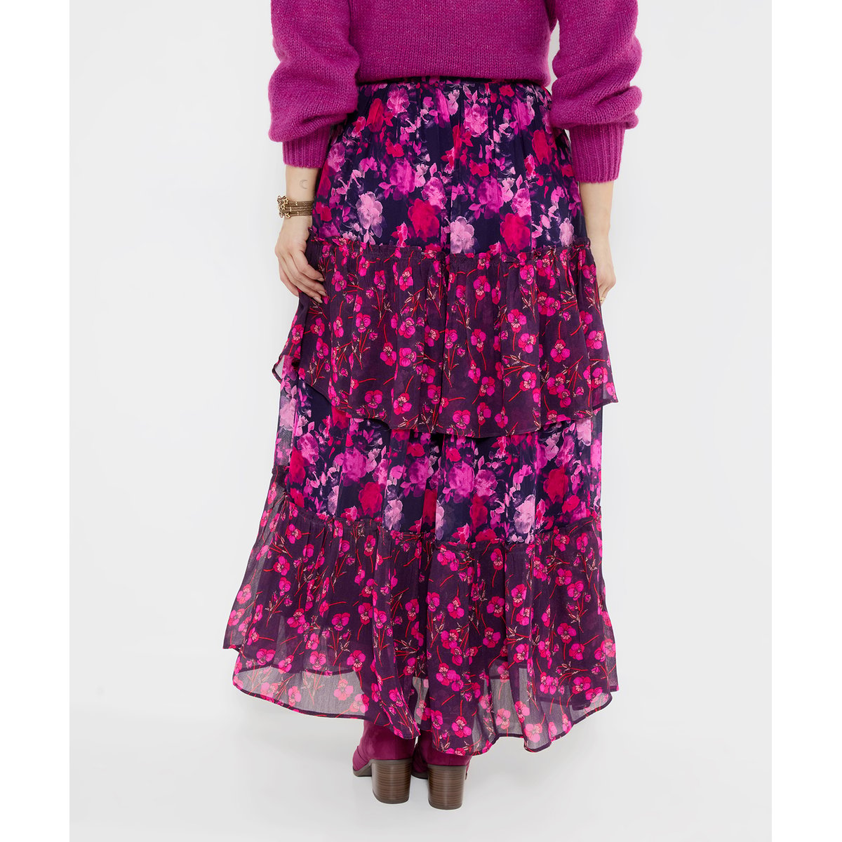 Jupe Longue Fleurie à Volants Étagés violet, JOE BROWNS