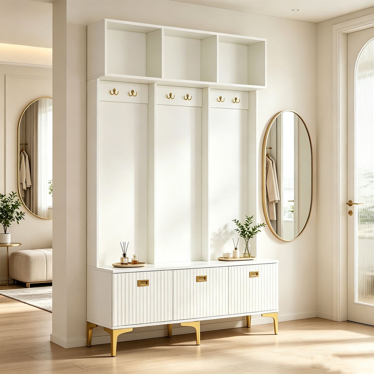 Vestiaire d'entrée avec banc et rangement, PORTER-C blanc, MEUBLES COSY