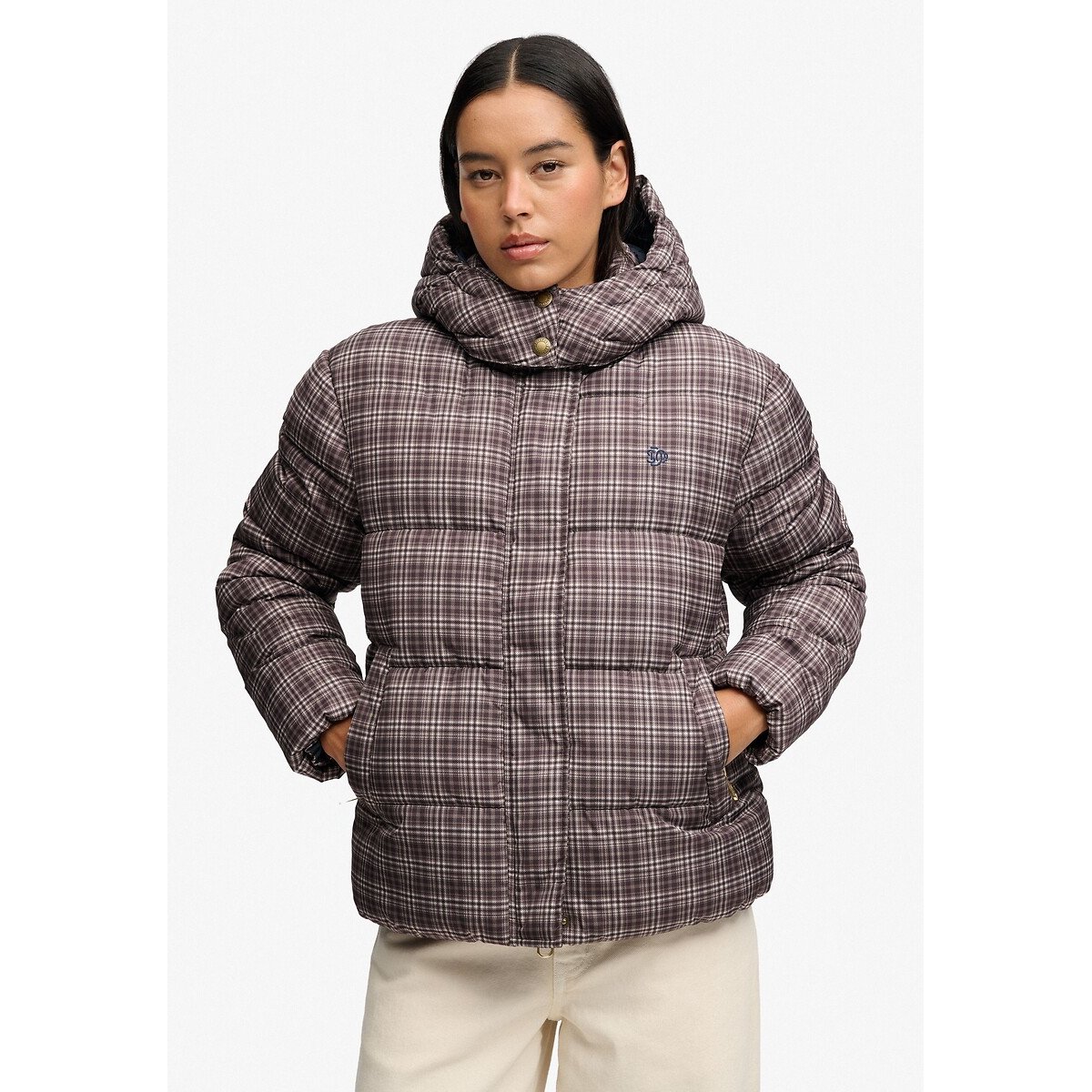 Blusão acolchoado com padrão xadrez premium quadrados castanho, SUPERDRY