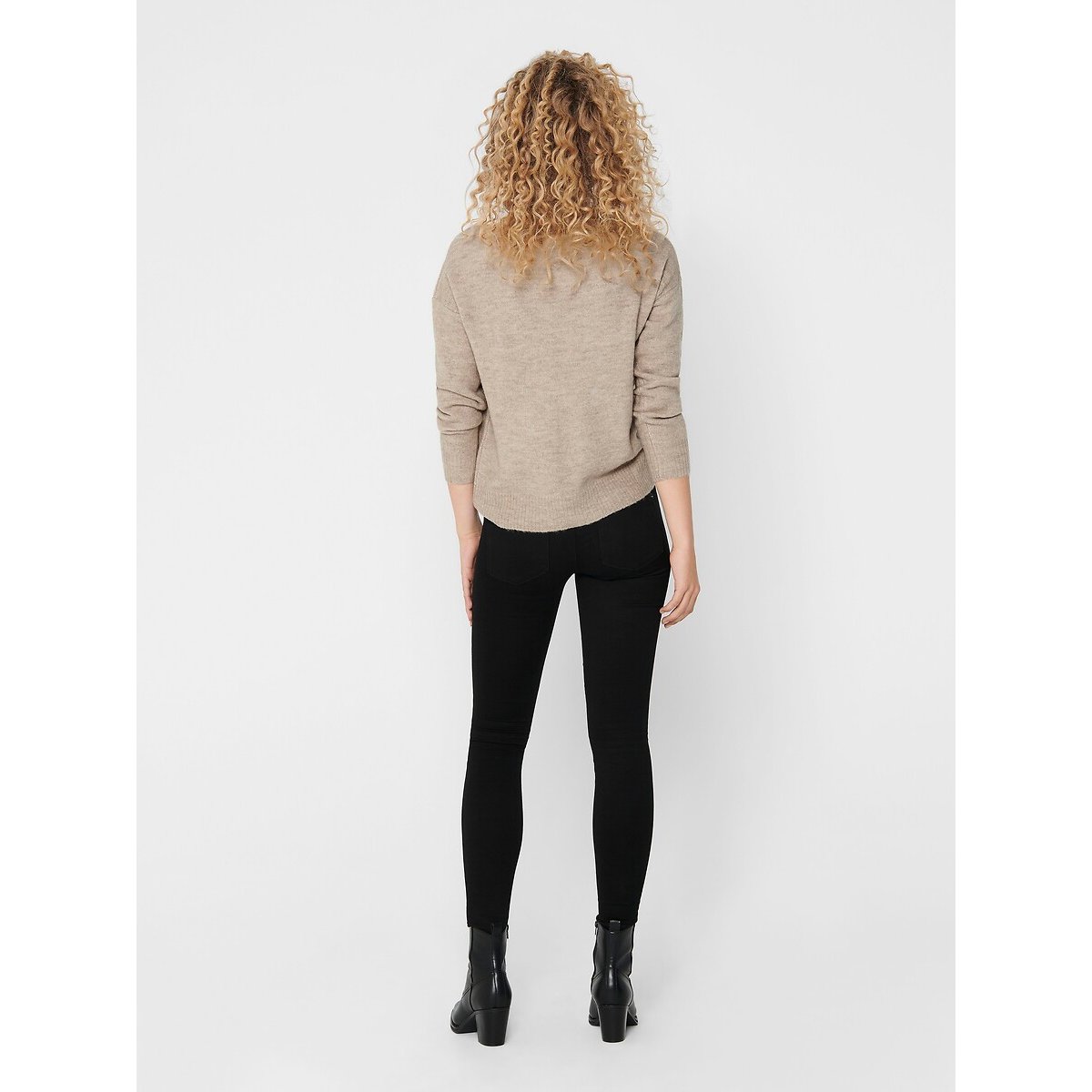 Maglione scollo a V in maglia fine beige, JDY