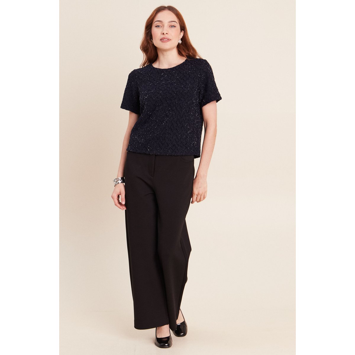 T-shirt col rond manches courtes doublé bleu foncé, BREAL