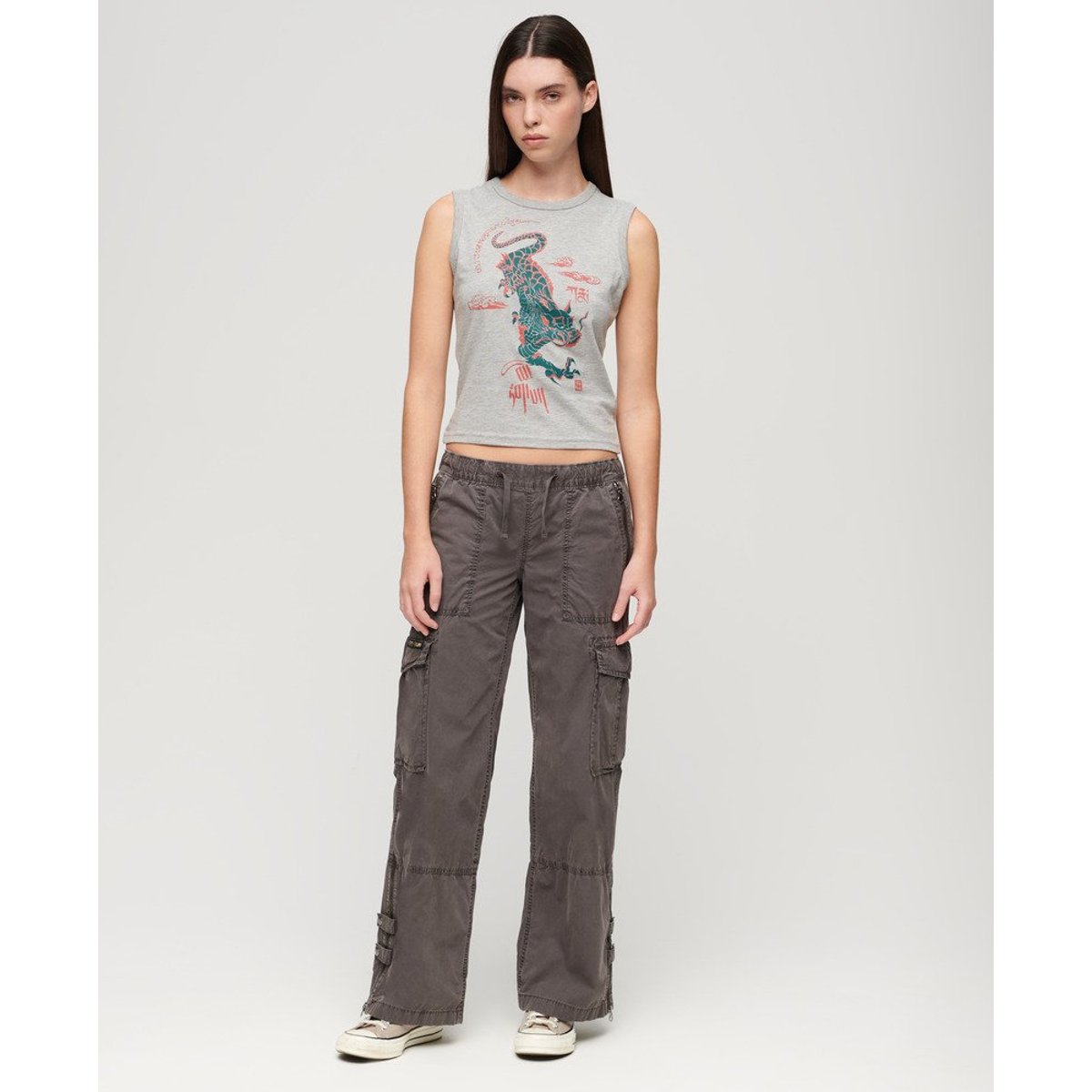 Pantalon cargo taille basse élastique Vintage marron taupe délavé, SUPERDRY