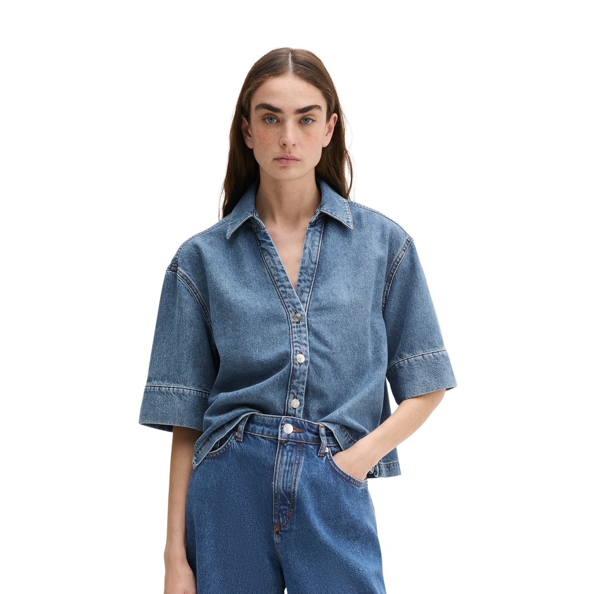 Blouse en jean regular en mélange de coton organique et de lyocell bleu moyen, MARC O'POLO