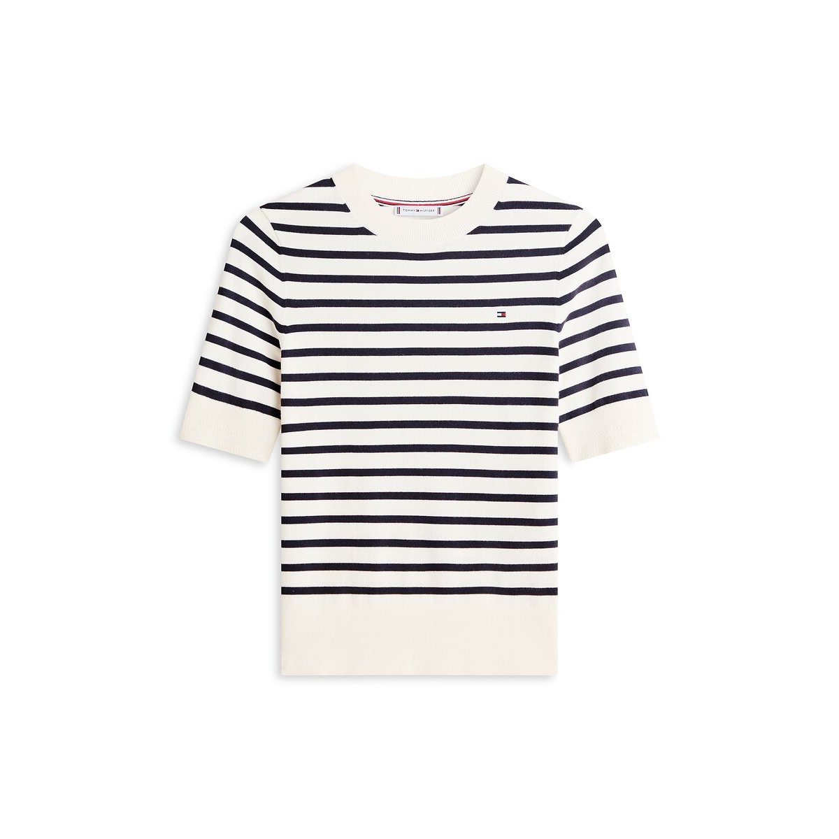 Pull a maniche corte a righe con scollo rotondo rigato écru/marine, TOMMY HILFIGER
