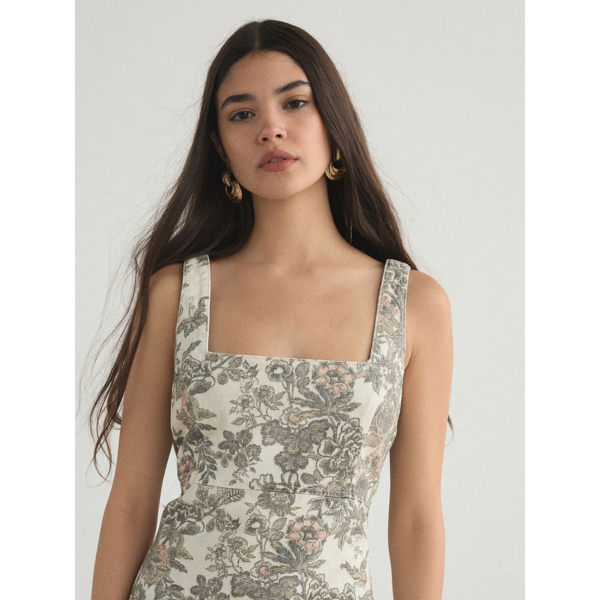 Robe courte en denim à encolure carrée tapisserie florale écru, NEXT