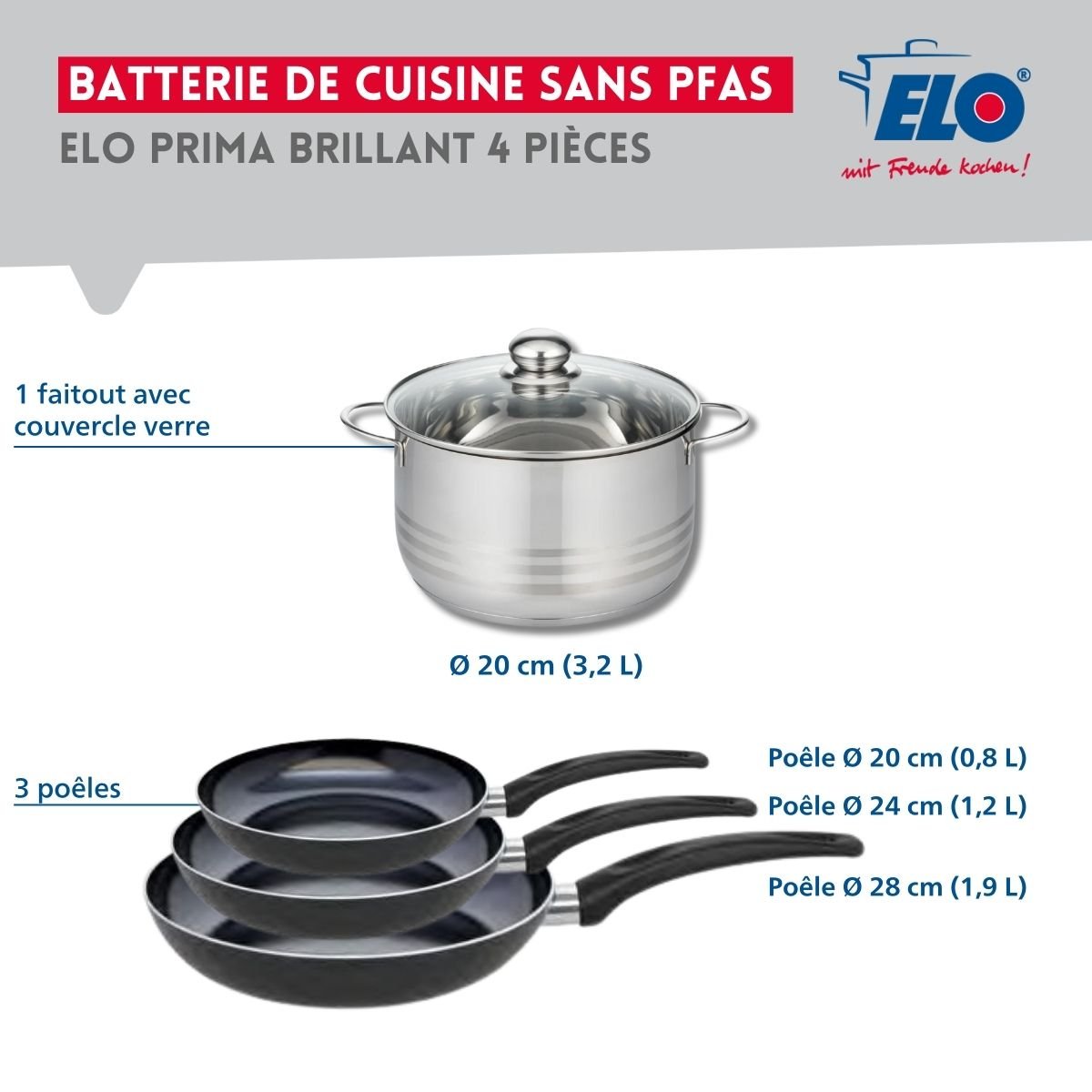 Batterie 3 poêles 20/24/28cm + 1 faitout 20cm PRIMA BRILLANT noir, ELO
