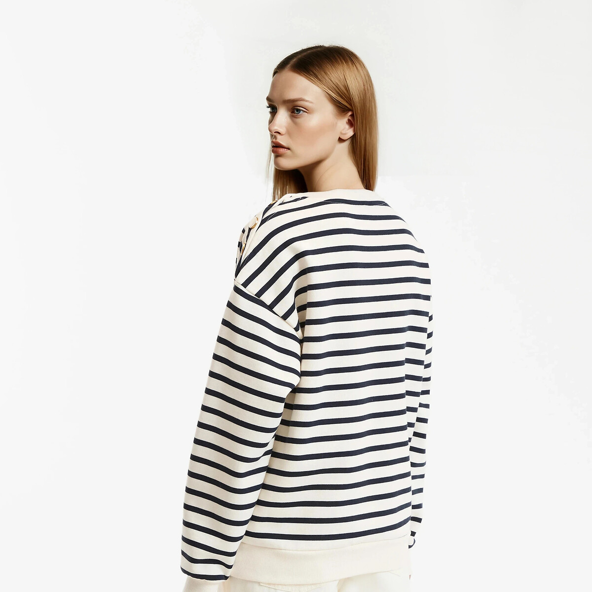 Sweat à rayures col rond, épaule boutonnée rayé ivoire/marine, LA REDOUTE COLLECTIONS