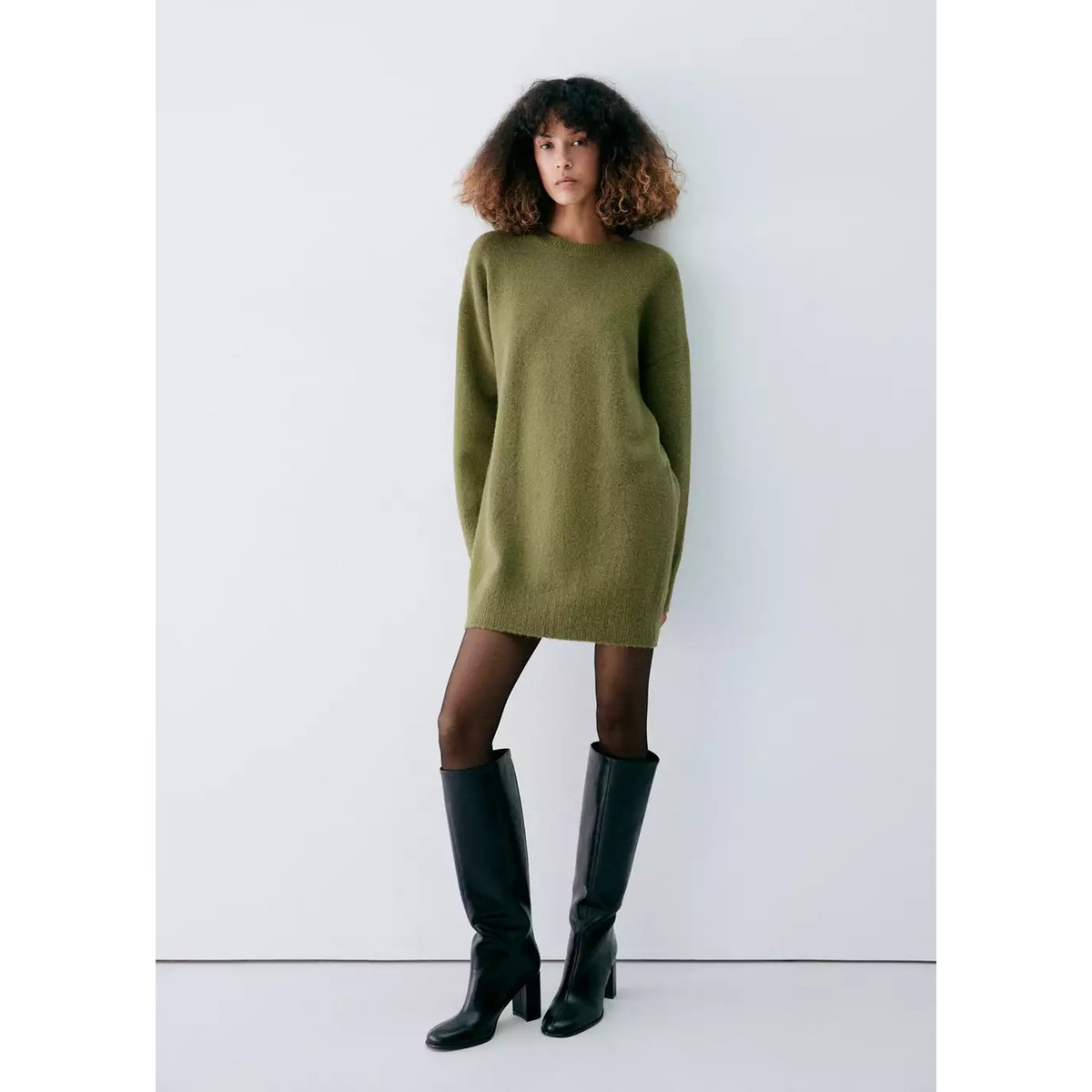 Robe en maille à manches longues vert forêt, MANGO