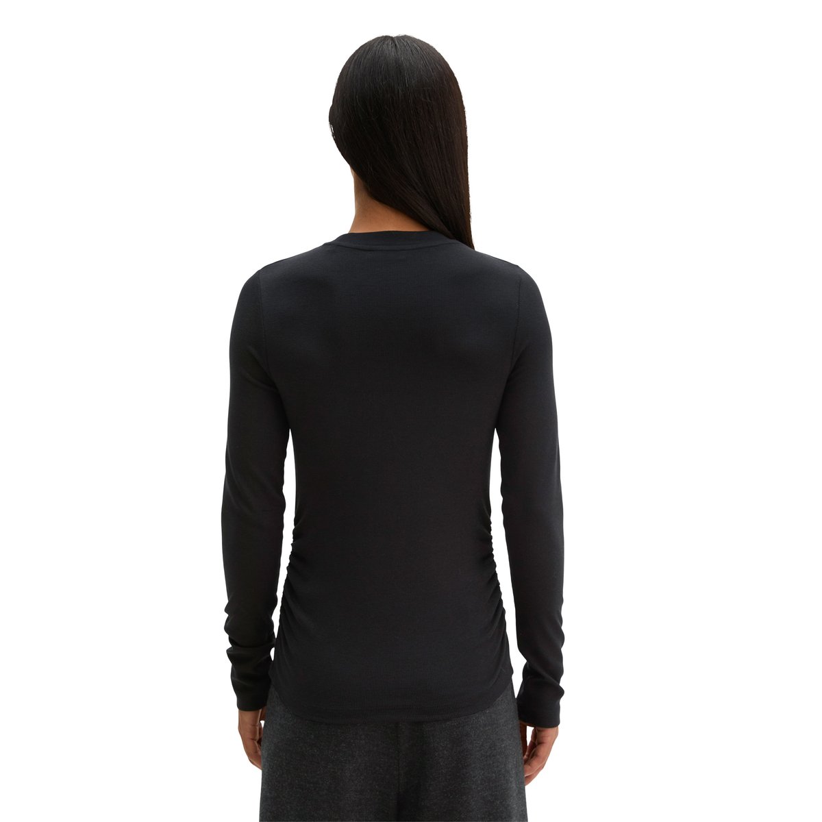 T-shirt à manches longues côtelé, coupe ajustée avec des coutures latérales froncées noir, MARC O'POLO