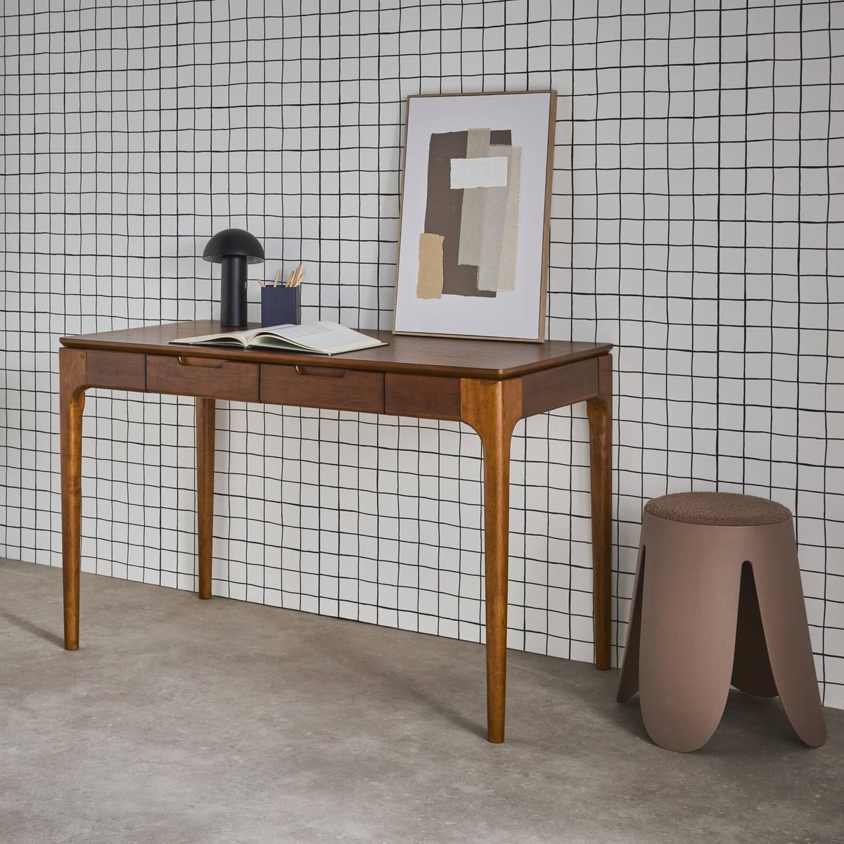 Bureau bois d'hévéa placage frêne 2 tiroirs ALIENOR naturel, SWEEEK