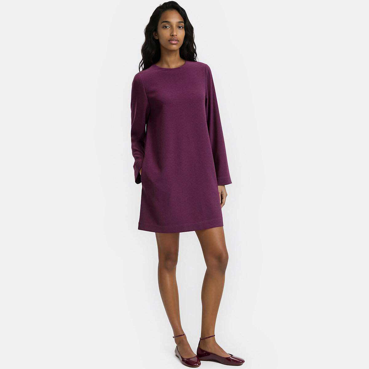 Vestido corto y recto de manga larga violeta ciruela, LA REDOUTE COLLECTIONS