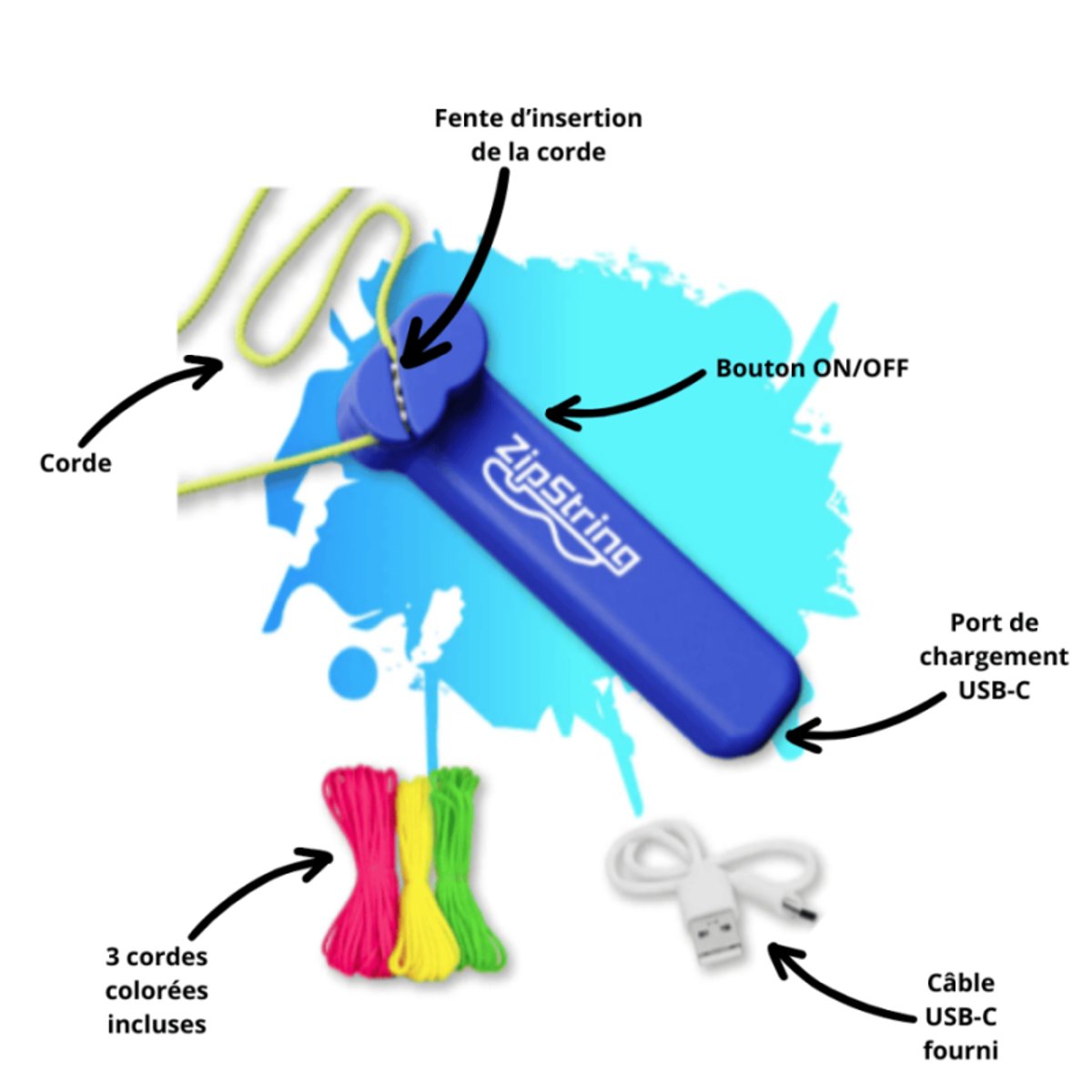 ZipString - Pack complet zipstring bleu + 3 cordes (verte/jaune/rose), PIOUPIOU ET MERVEILLES