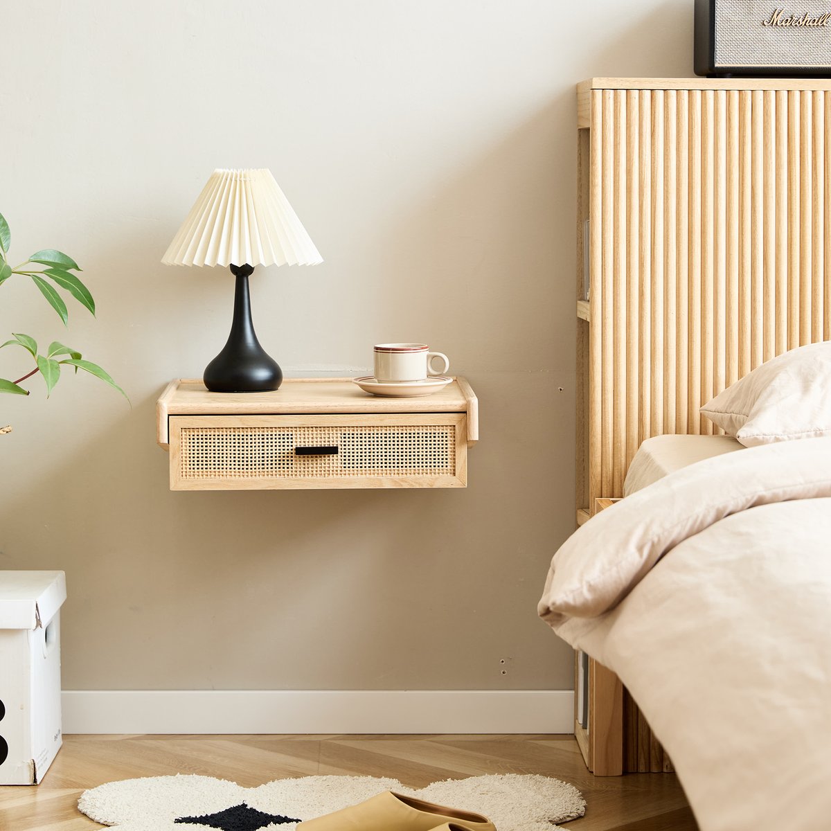 Table de chevet murale, rotin et bois, PITEA bois naturel, NORDLYS