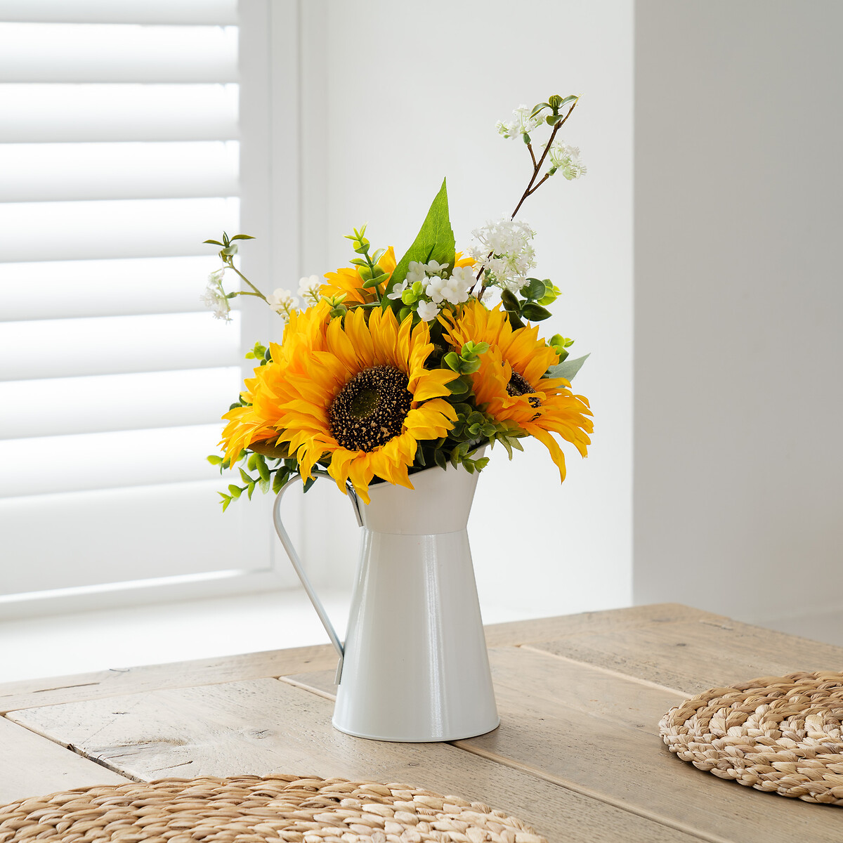 43cm Sunflower Arrangement in White Metal Jug yellow, SO'HOME