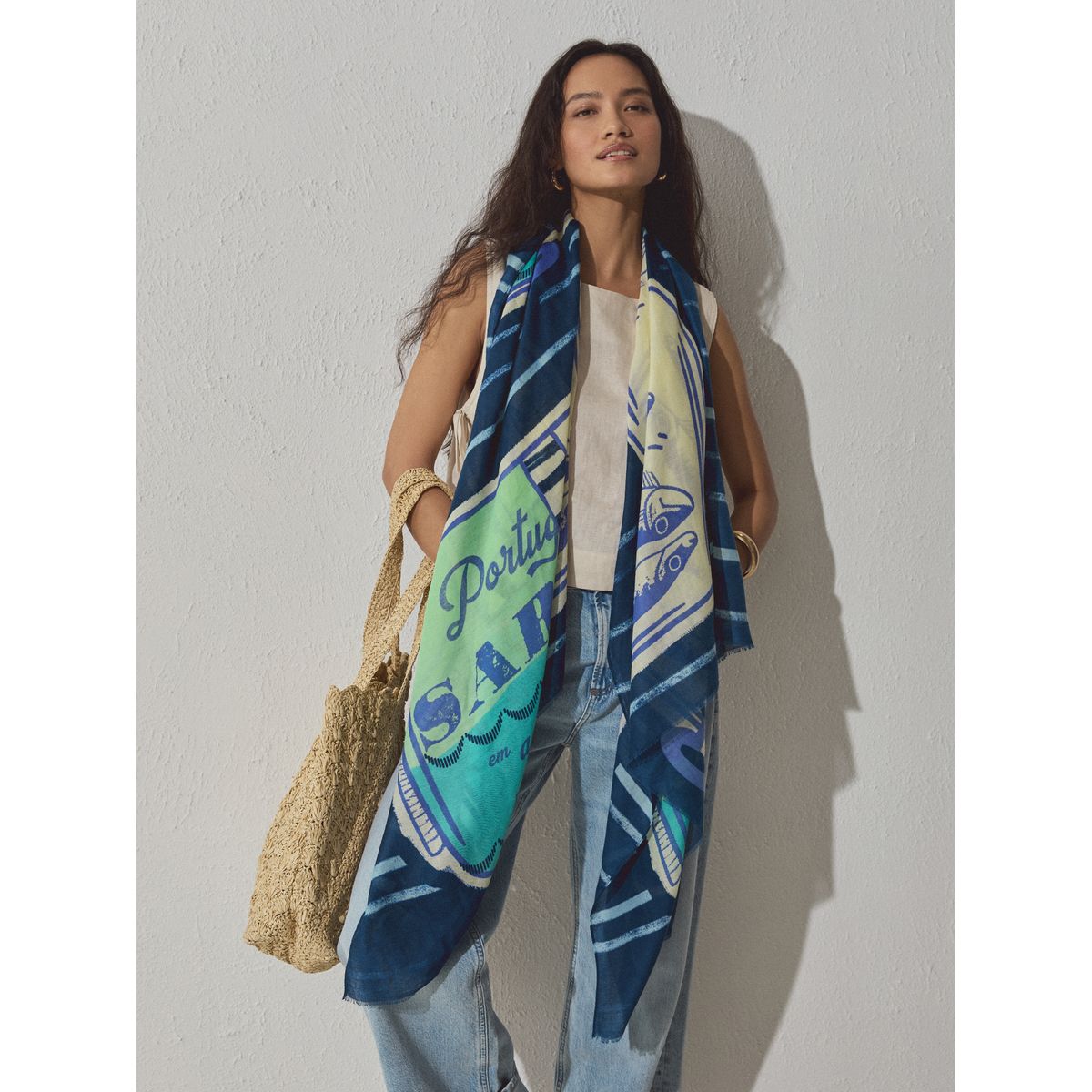 Foulard léger à imprimé sardine bleu marine, NEXT
