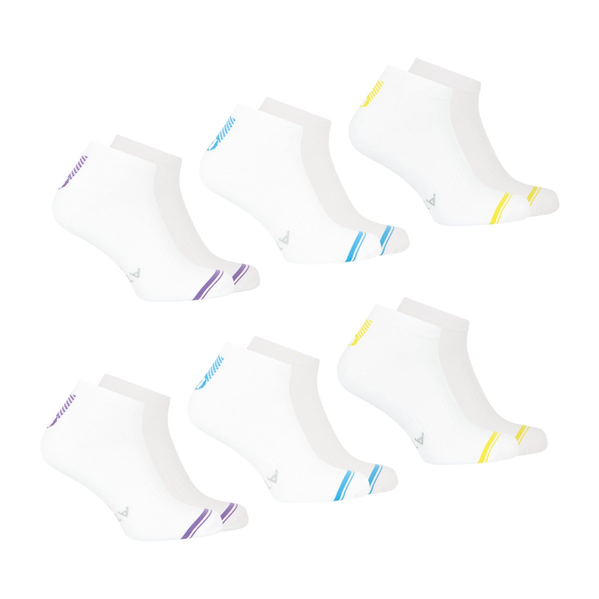 Socquettes, lot de 6 paires, training dry blanc et jaune-blanc et bleu-blanc et violet, ATHENA