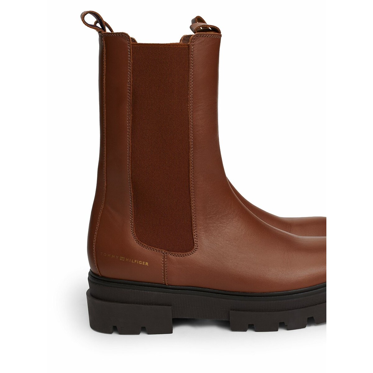 Stivaletti in pelle con bande elastiche e tacco piatto cognac, TOMMY HILFIGER