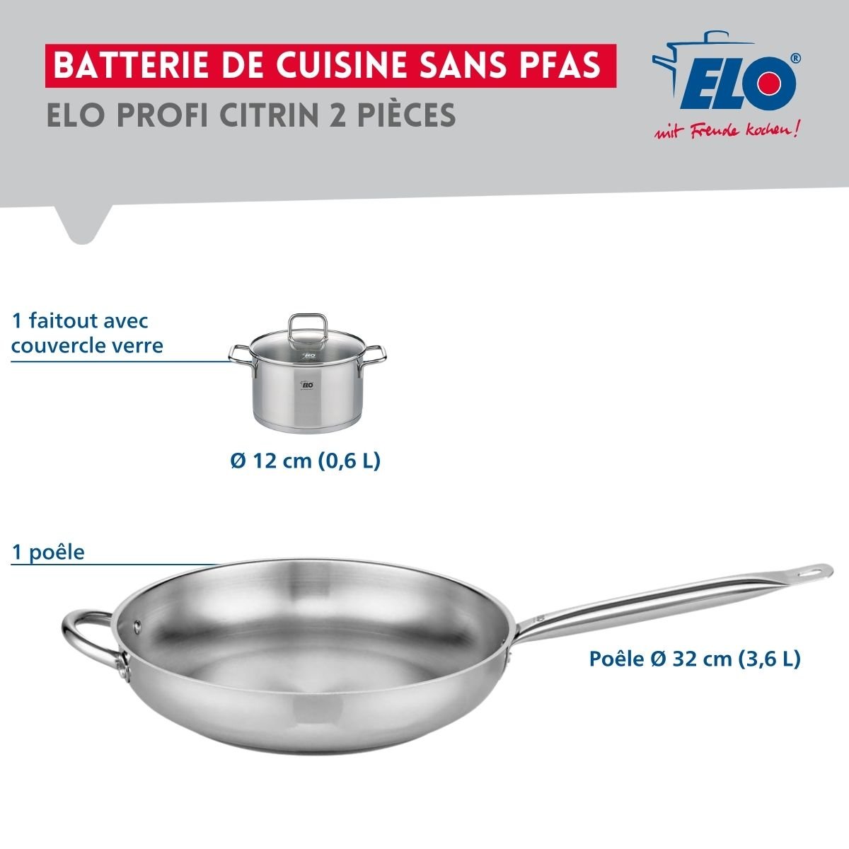 Batterie de cuisine 1 poêle 32cm + 1 faitout 12cm PROFI CITRIN gris, ELO