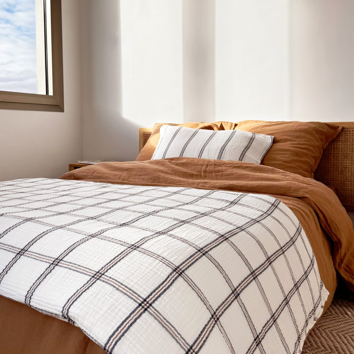 Housse d'édredon en gaze de coton tissée, SIMPLEMENT GAUFRÉ CARREAU bleu jean, BLANC CERISE