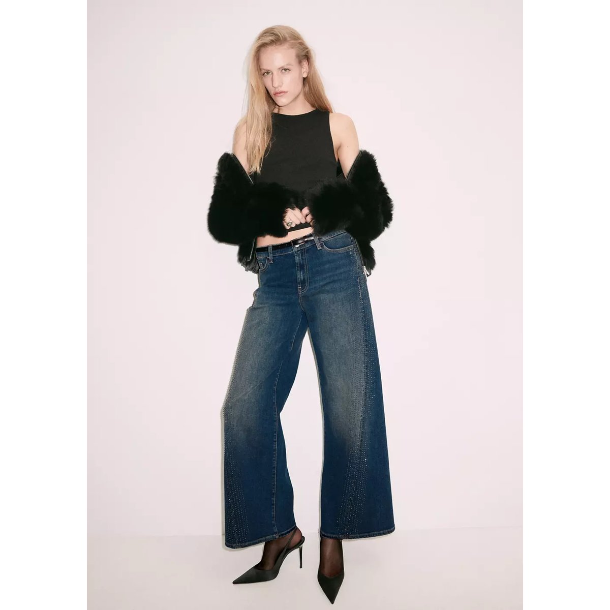 Jean wide leg avec détail strass bleu foncé, MANGO