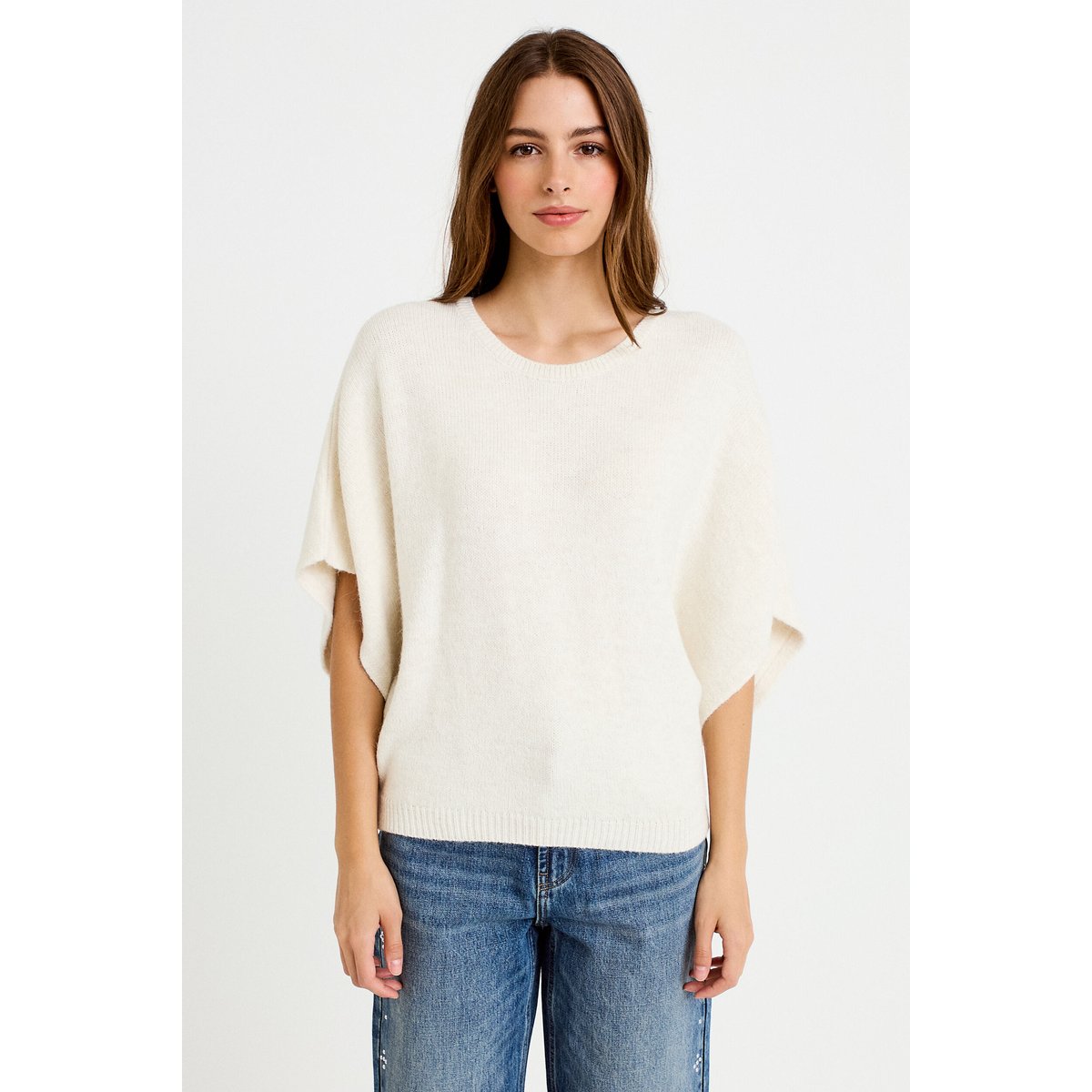 Pull oversize col rond manches courtes ecru, CACHE CACHE