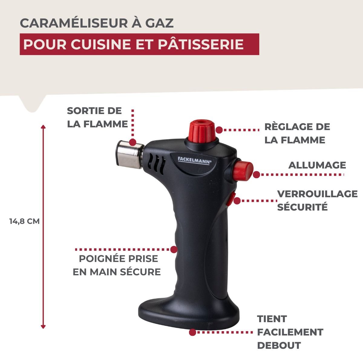 Chalumeau de cuisine à gaz rouge,noir, FACKELMANN