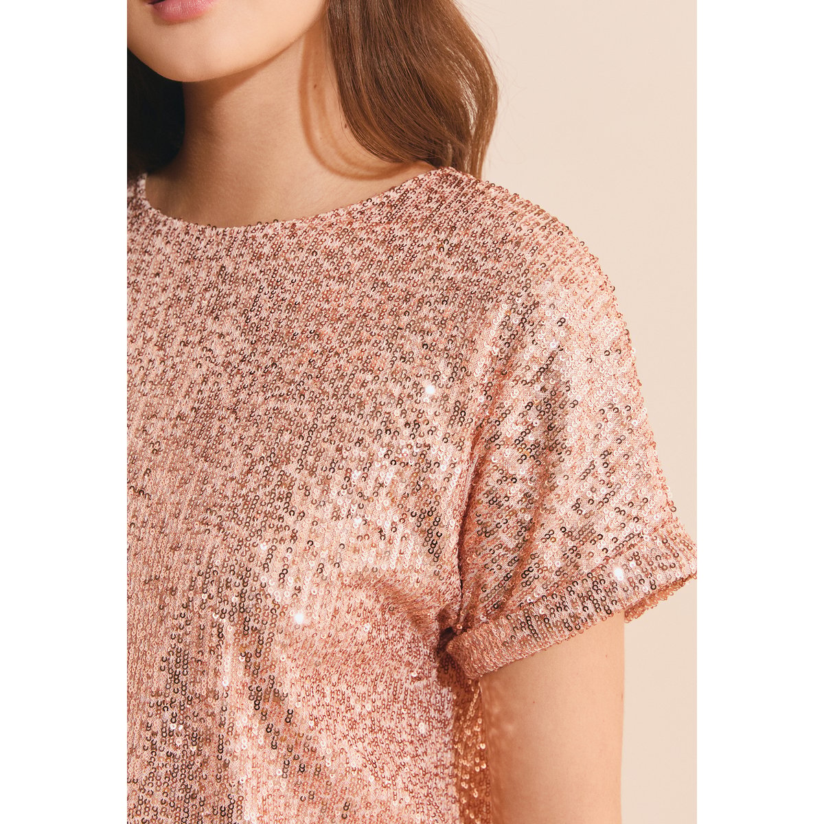 T-shirt manches courtes à sequins HARMONIE saumon peche, ETAM