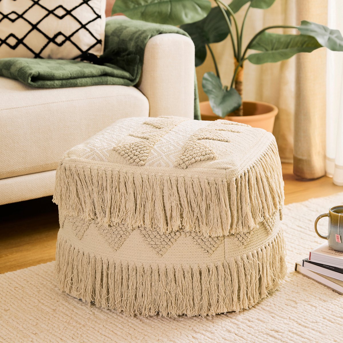 Pouf repose-pieds carré en coton capitonné bohème Oeko-Tex® - CALLI beige naturel, ICON