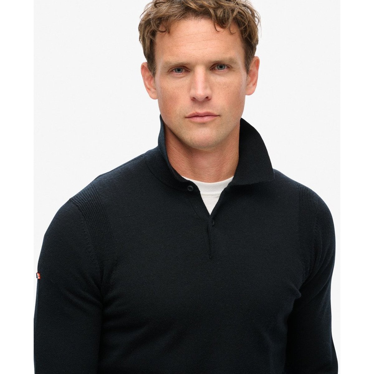 Pull Polo à Manches Longues en Laine Mérinos noir, SUPERDRY