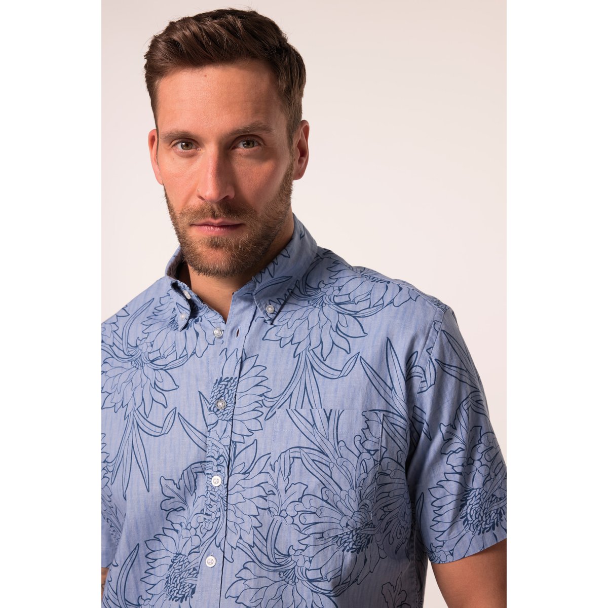 Chemise en lin mélangé, imprimé all-over bleu jean, JP1880