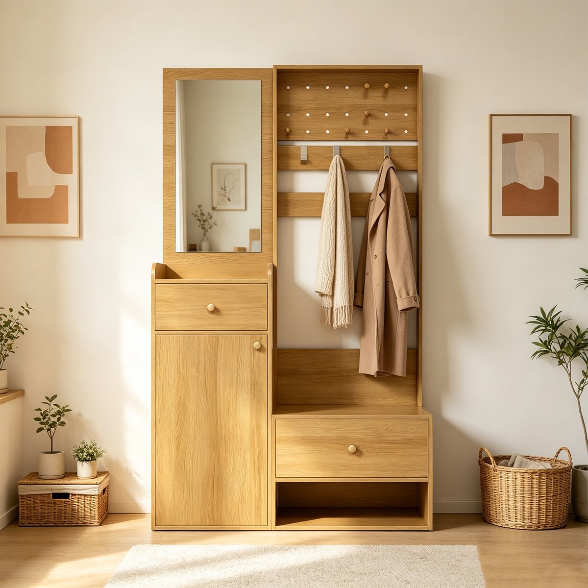 Vestiaire d'entrée avec miroir et rangement, PORTER-E hêtre, MEUBLES COSY