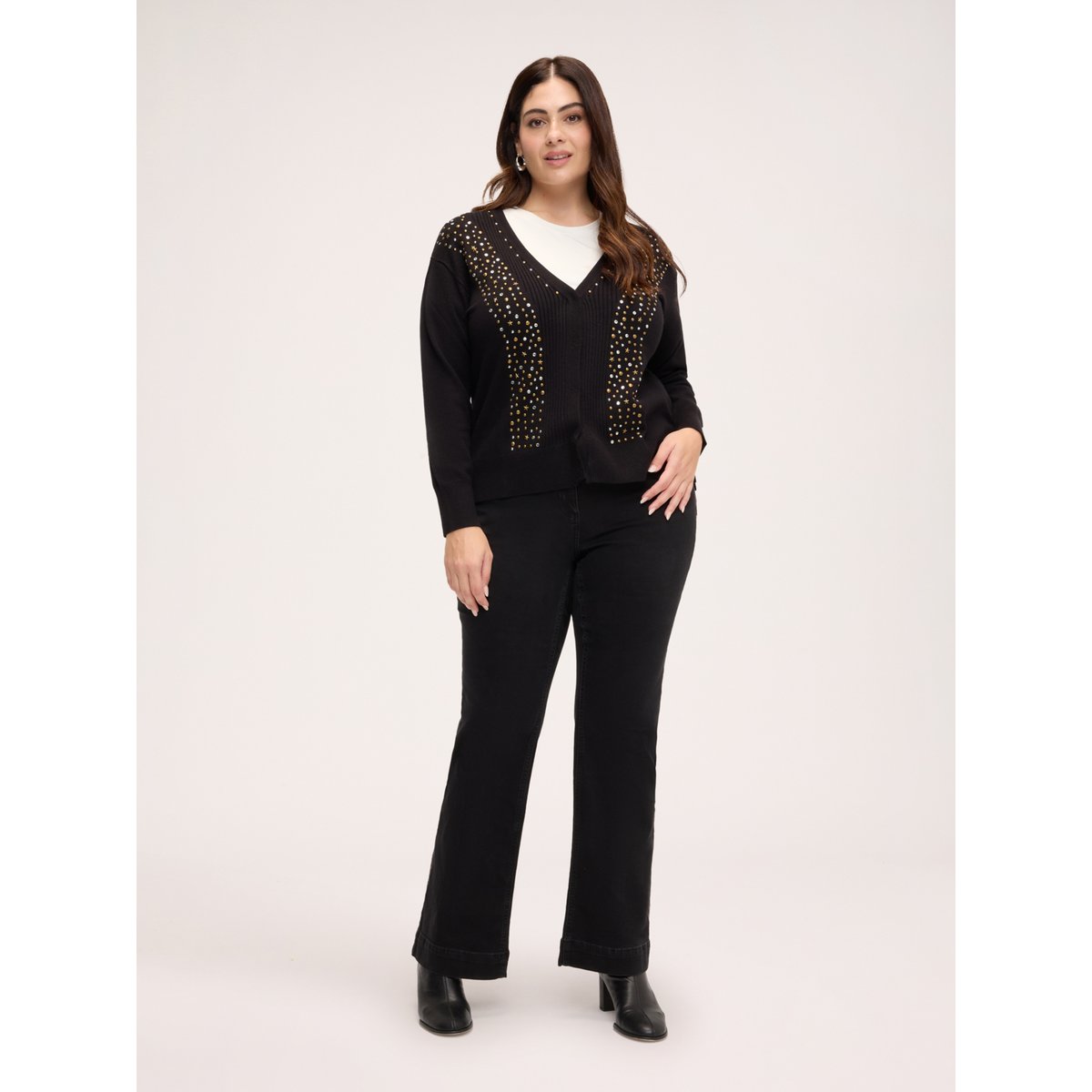 Cardigan col en V avec clous noir, FIORELLA RUBINO
