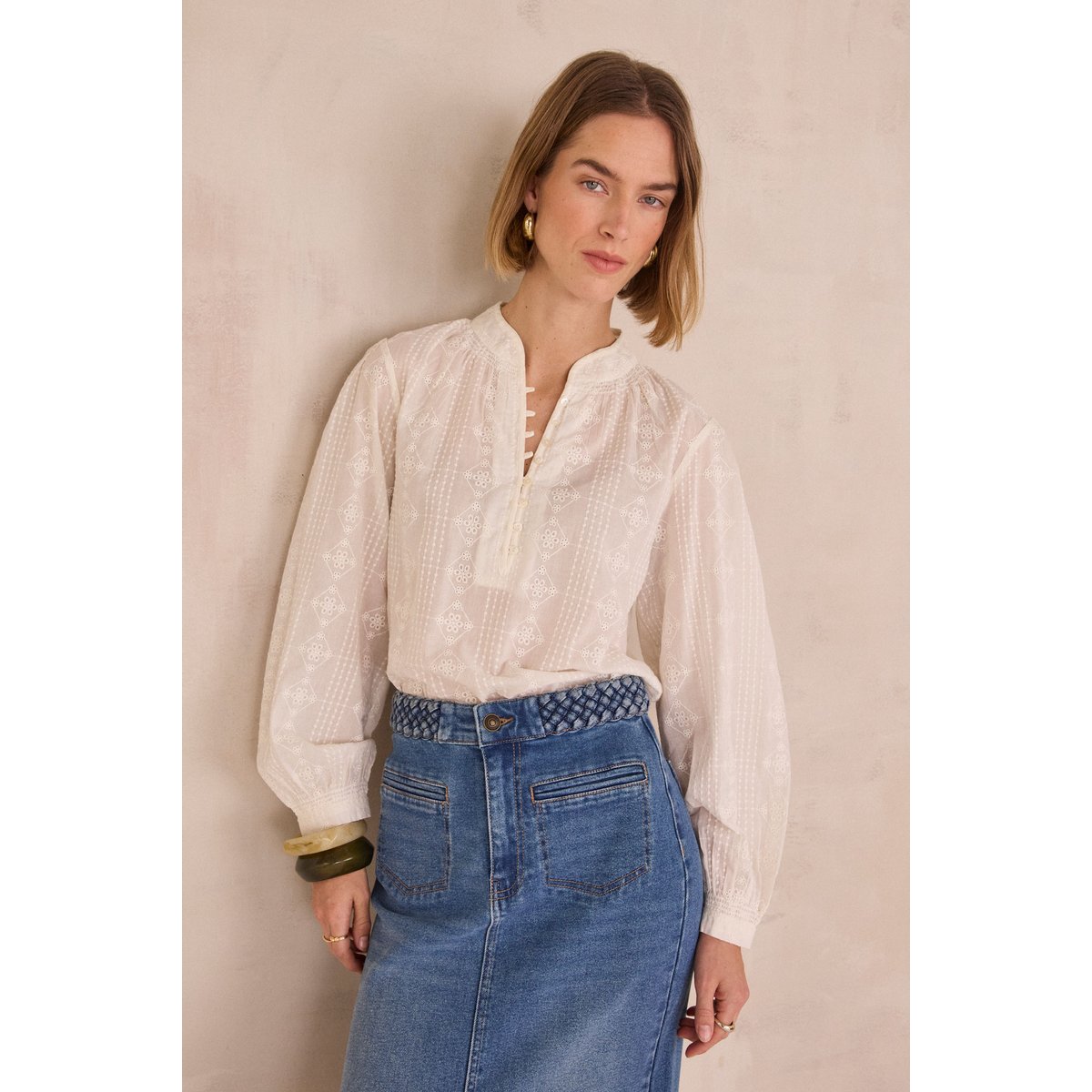 Blouse à broderies florales en 100% coton DELICE creme, Maison 123