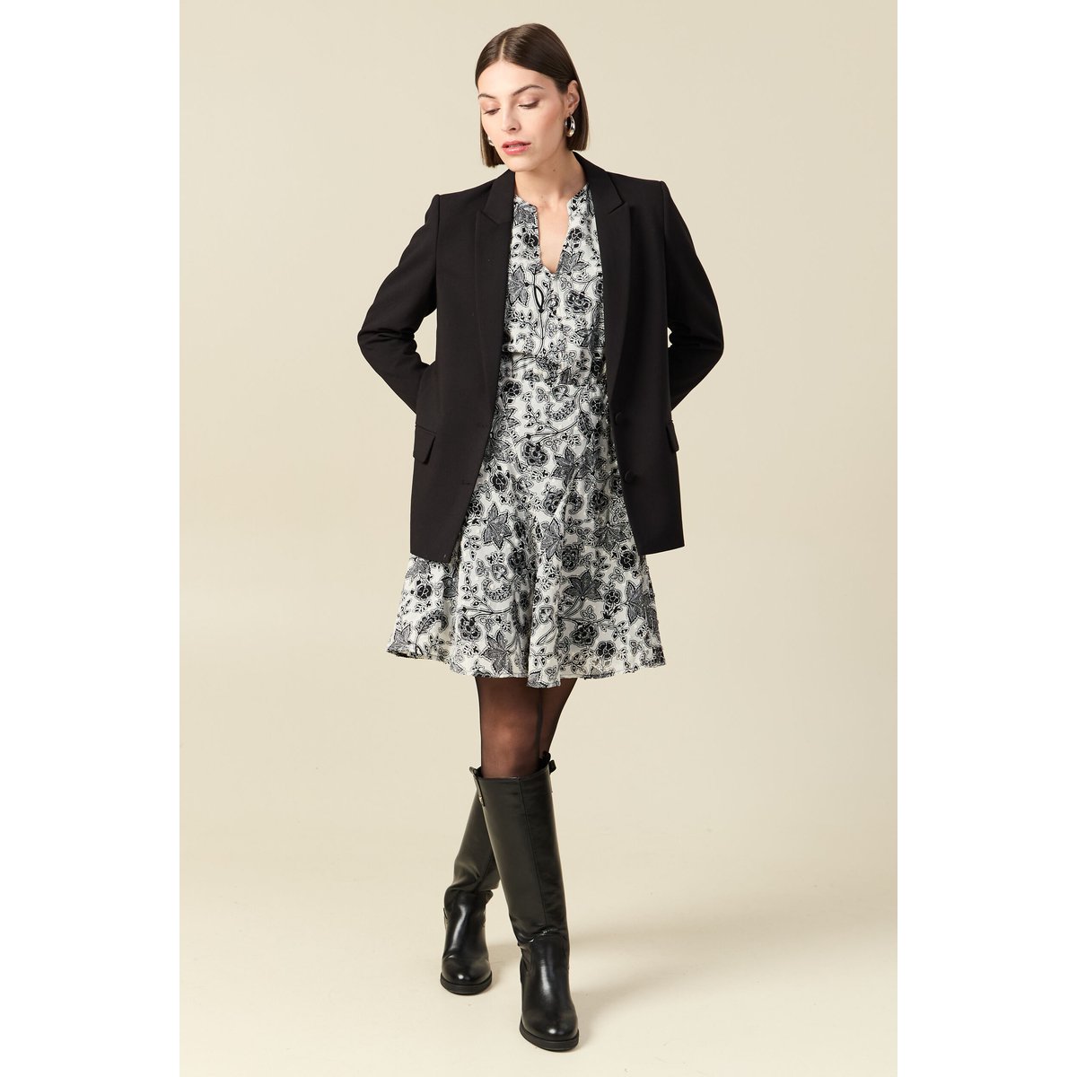 Robe fluide col v manches longues blanc, BONOBO