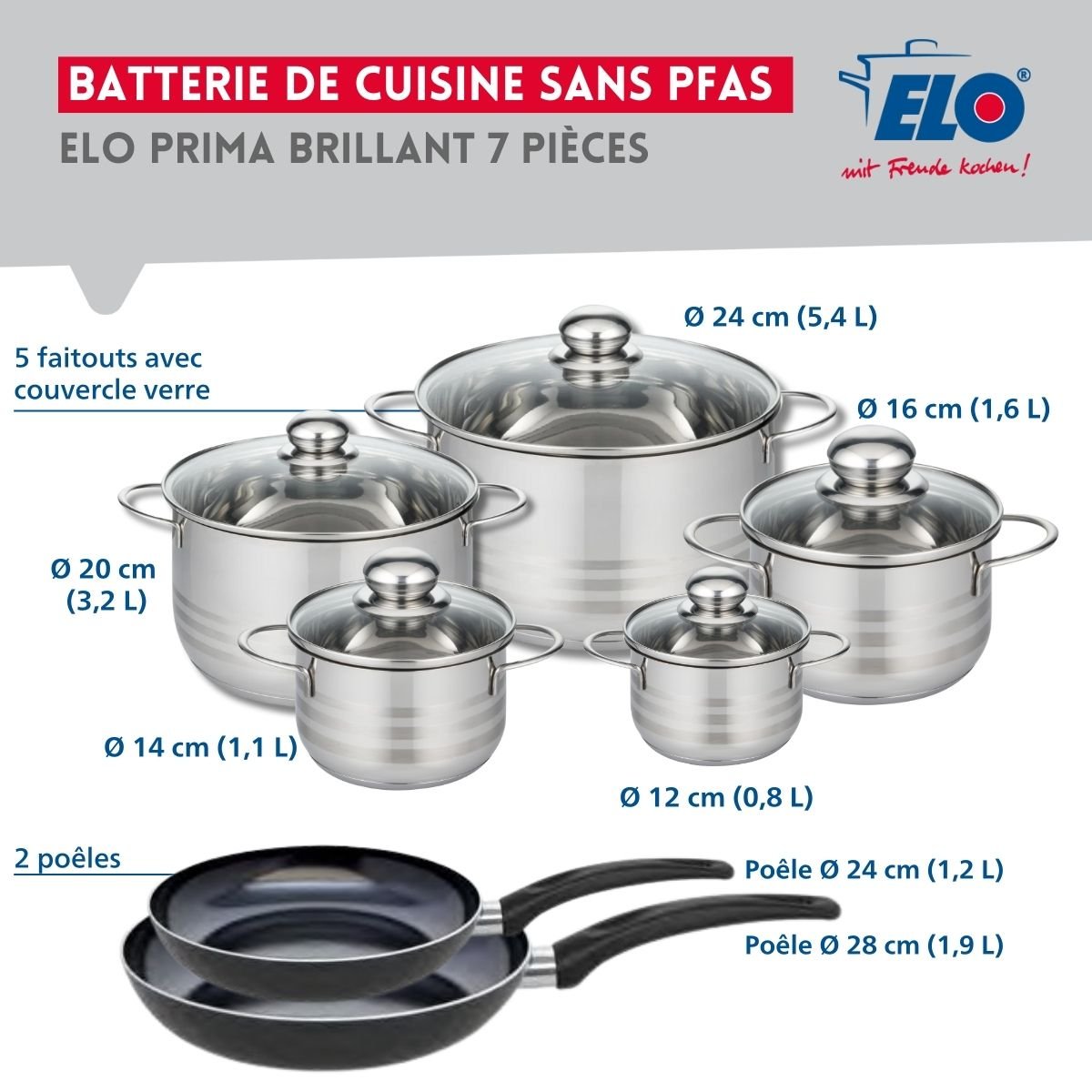 2 poêles 24/28cm + 5 faitouts 12/14/16/20/24cm PRIMA BRILLANT noir, ELO