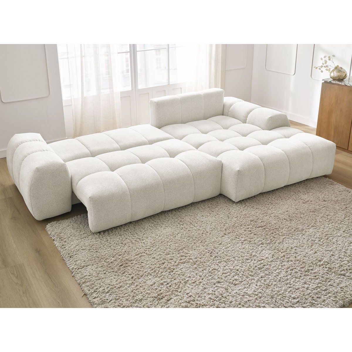 Canapé d'angle convertible 3 places en tissu chiné, EVEREST blanc, BOBOCHIC