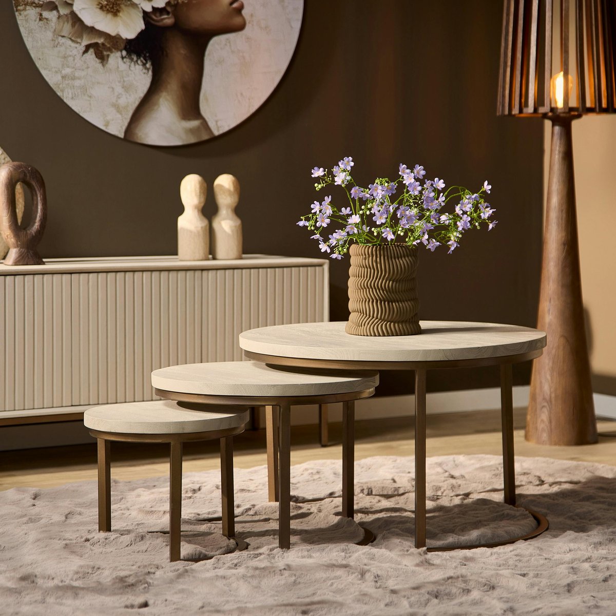 Table basse gigogne bois sable pied bronze (lot de 3) CORTINA beige, PIER IMPORT
