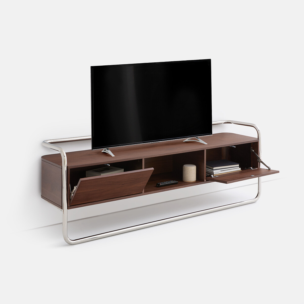 Meuble TV caisson 2 portes, largeur 176 cm, GIORGIO coloris noyer/chrome, LA REDOUTE INTERIEURS