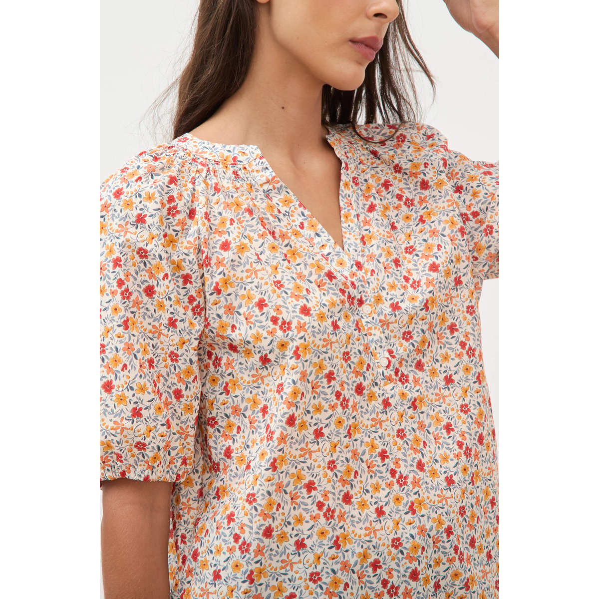 Blouse droite en coton manches courtes orange foncé, BONOBO