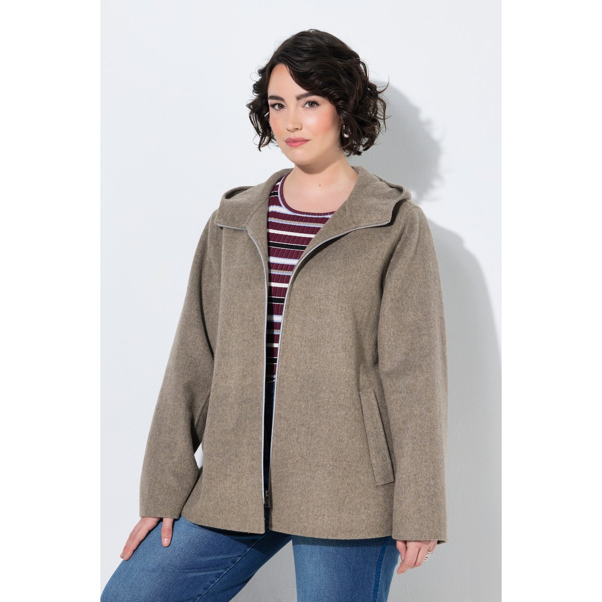Veste en laine mélangé, coupe évasée, capuche marron pâle, ULLA POPKEN