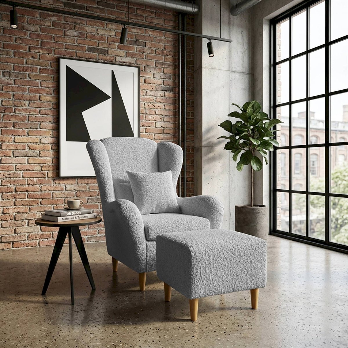 Fauteuil à oreilles chenille et repose-pieds gris clair bouclé alice, RECOLLECTION