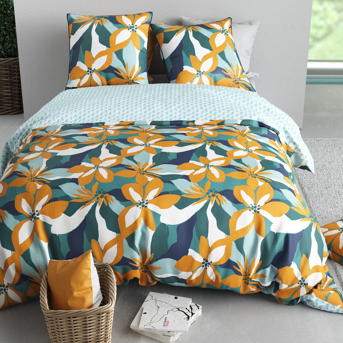 Parure housse de couette en percale de coton imprimée, Flore orange, C DESIGN HOME TEXTILE