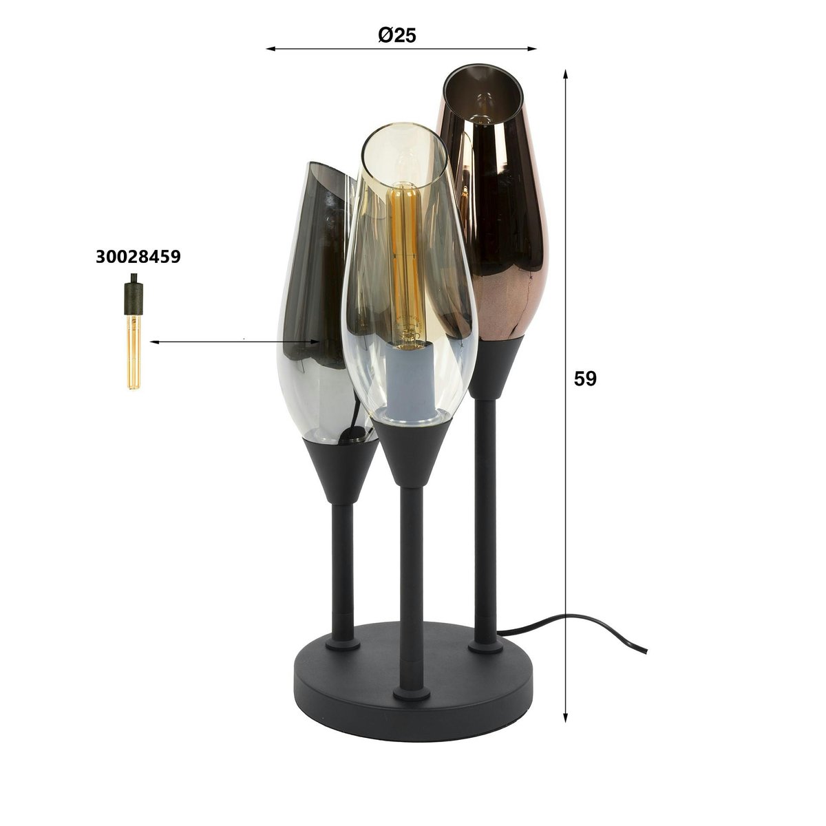 Lampe en verre design, 3 abat-jour torches NIAGARA chrome, PIER IMPORT