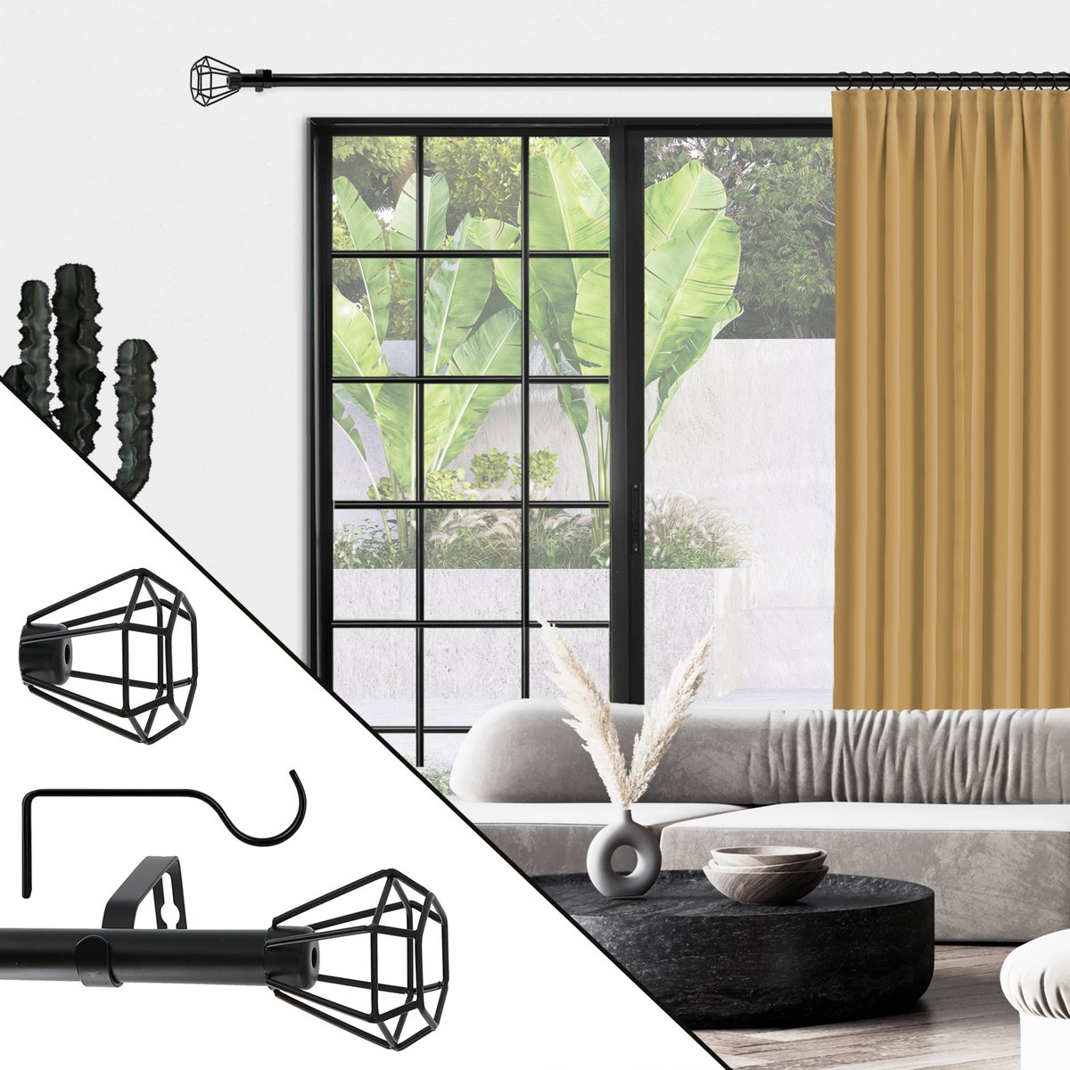 Kit tringle à rideaux extensible géométrique noir, MOBOIS