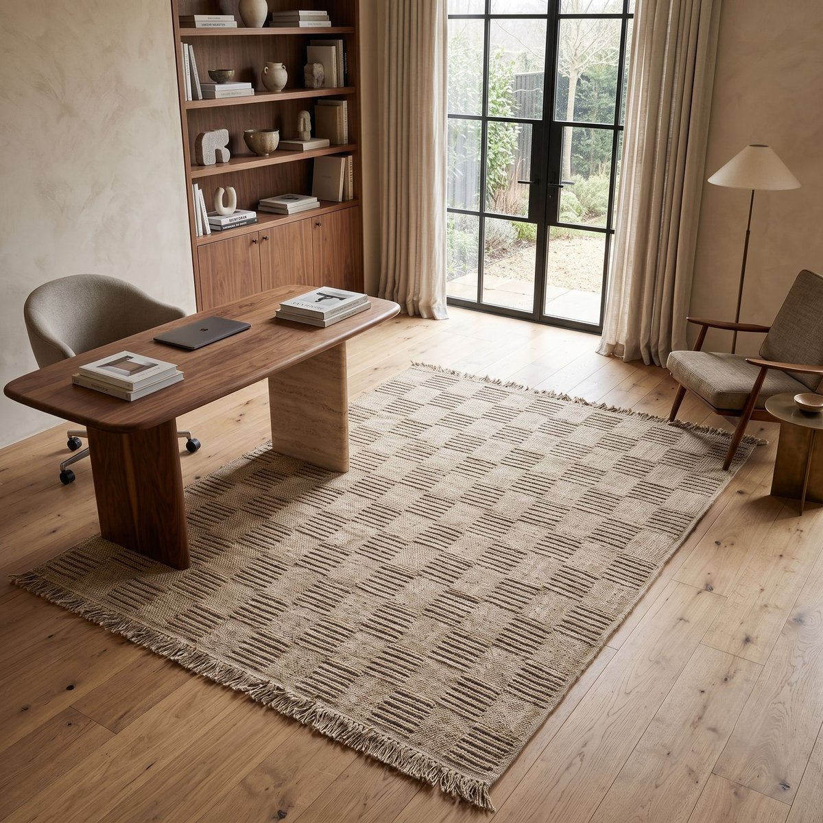 Tapis extérieur intérieur damier aspect jute JUTA DAMIER beige, THE DECO FACTORY