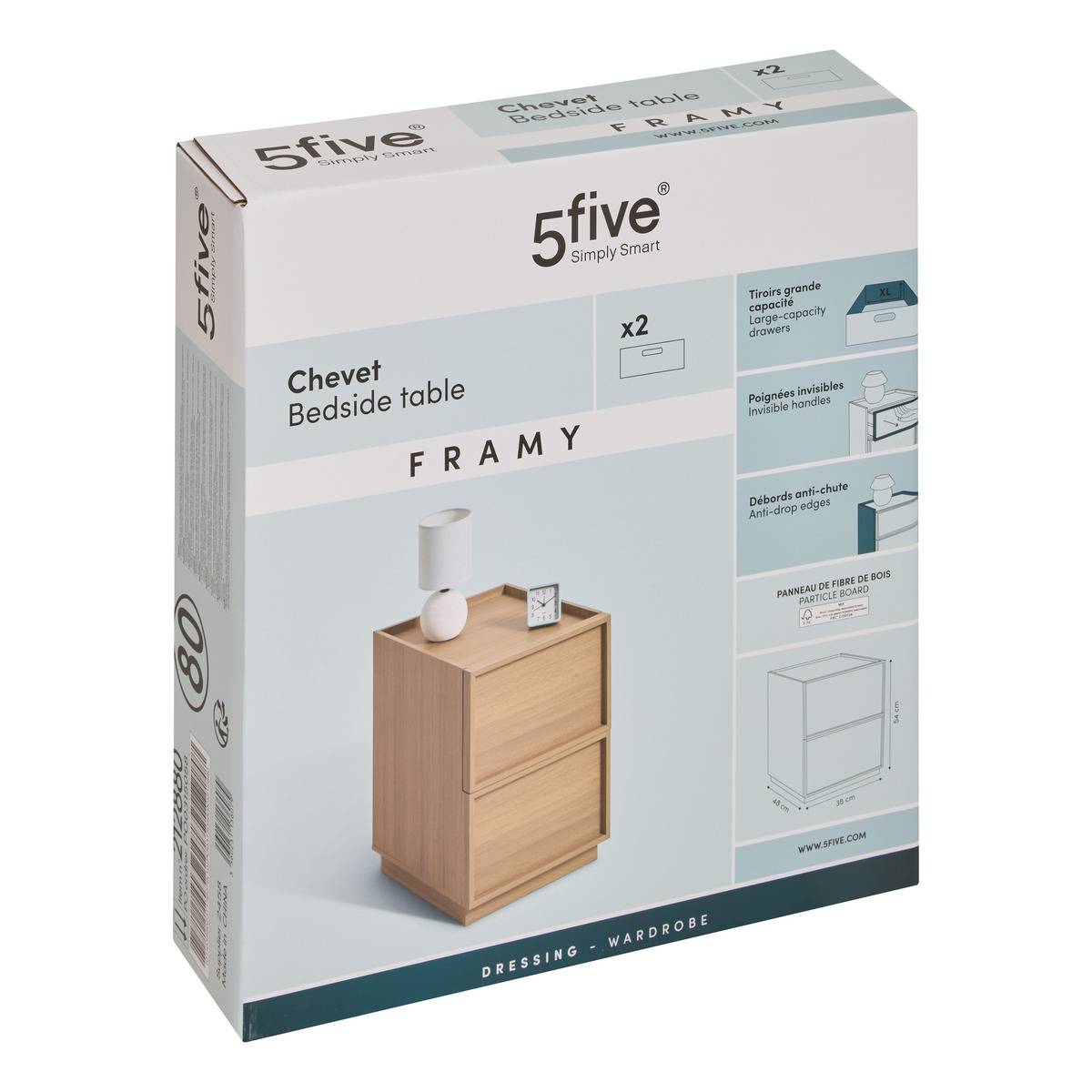 Table de chevet 2 tiroirs en bois FRAMY marron, 5FIVE SIMPLY SMART