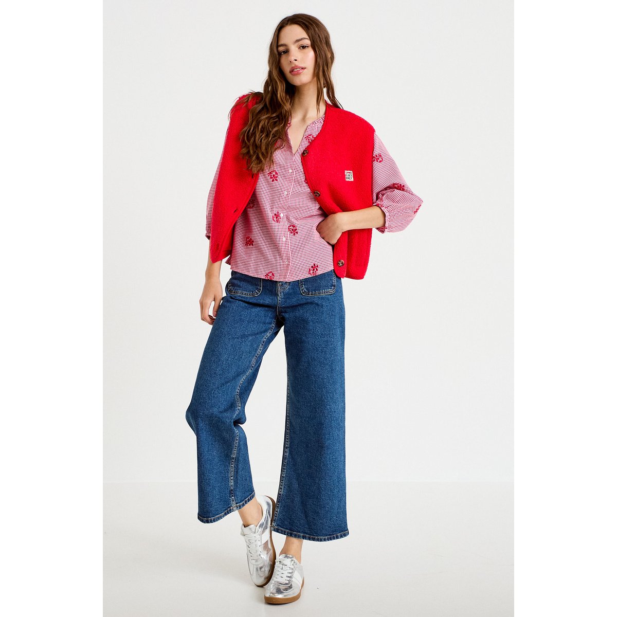 Blouse col v manches 3/4 broderie rouge, CACHE CACHE