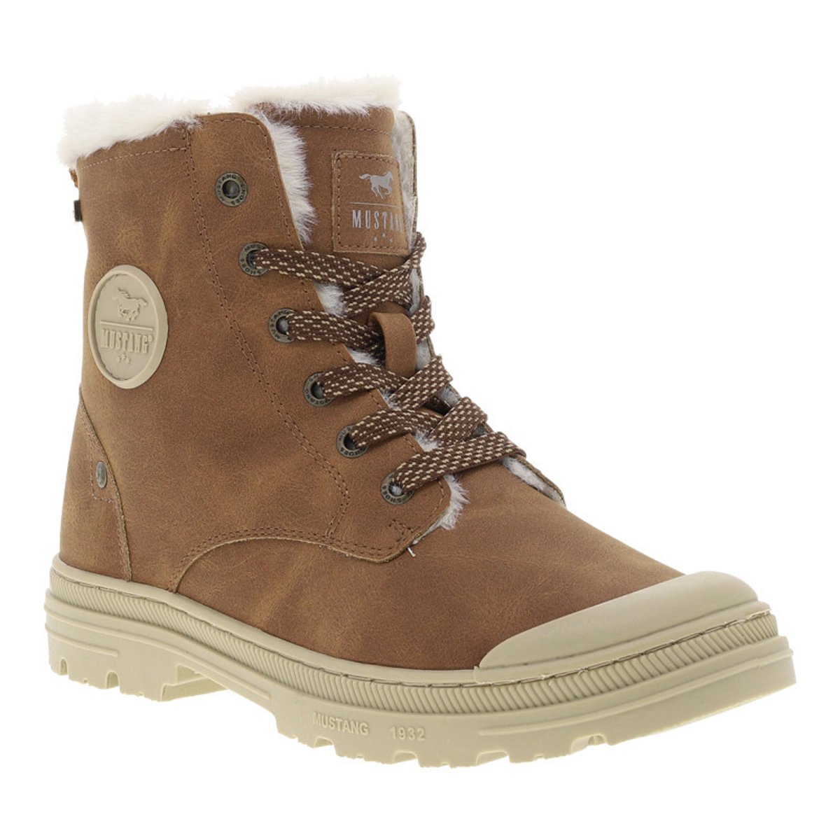 Bottines cognac à talon décroché bas avec des lacets plats et un zip cognac, MUSTANG