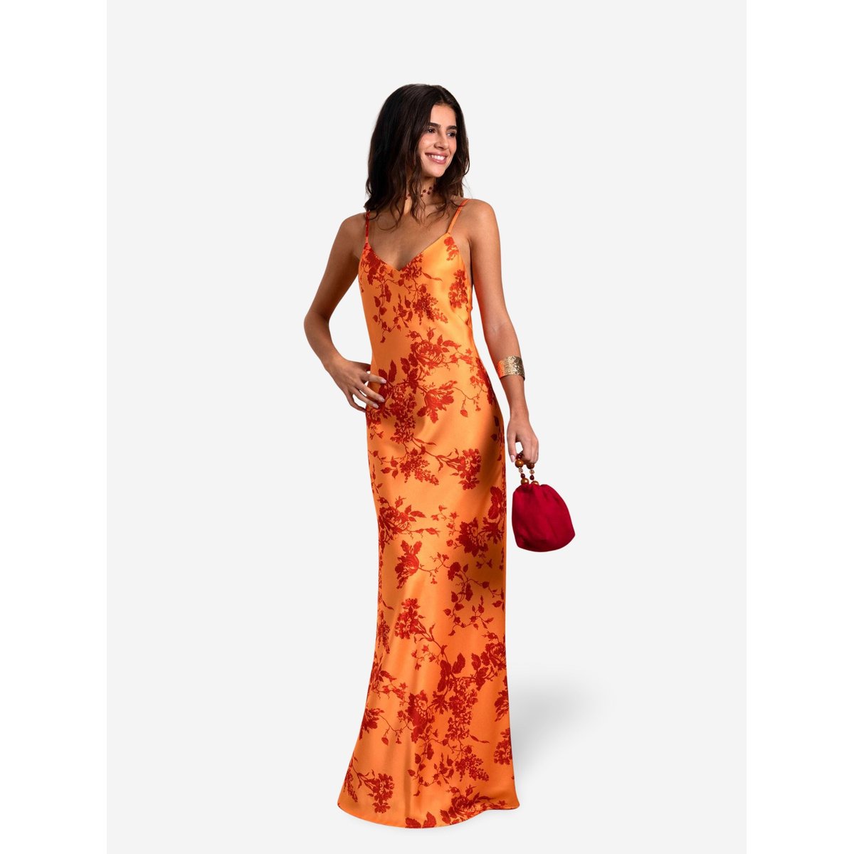 Robe nuisette à imprimé floral avec bretelles réglables et dos ouvert orange, THE-ARE