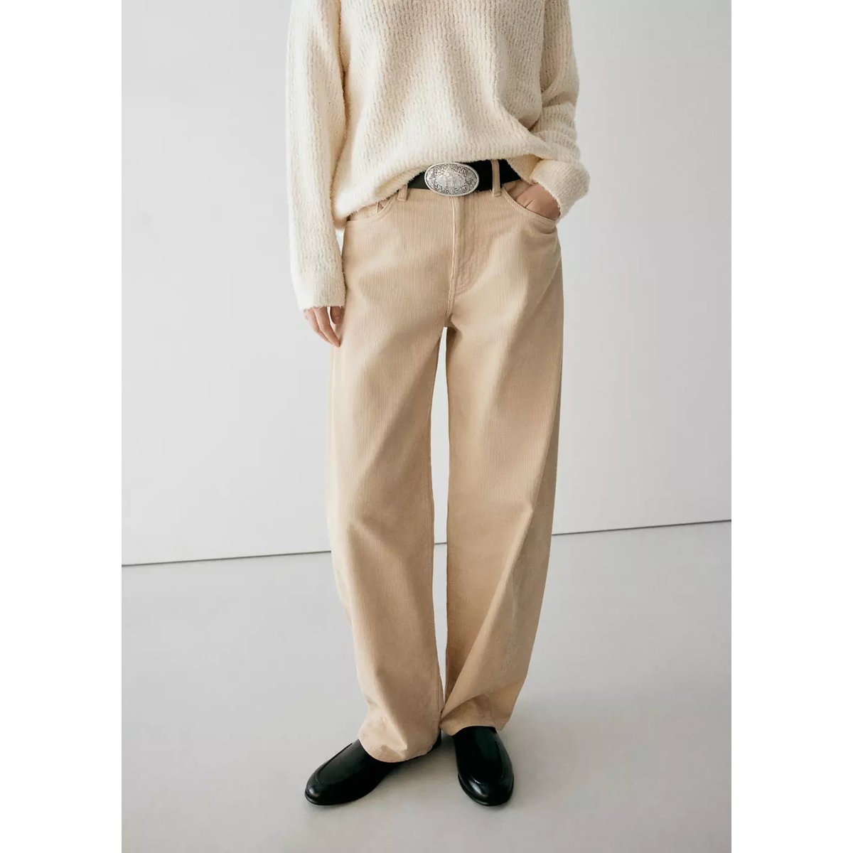 Pantalon ballon en velours côtelé écru, MANGO